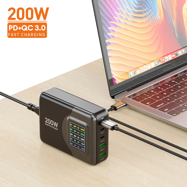 Multi-ports 200w 100W Super Fast Charging Laptop Mobile Phone Usb Type C Pd Fast Quick Charger With Led Digital Display