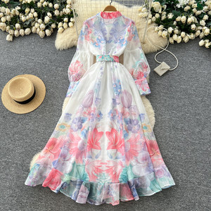 ชุดเดรสแขนยาวพิมพ์ลายวินเทจสำหรับผู้หญิง ชุดฤดูใบไม้ผลิ ชุดเดรสยาวทรงเข้ารูปผูกเอวหรูหราสำหรับ <span class=keywords><strong>Com</strong></span> - Product Image 4