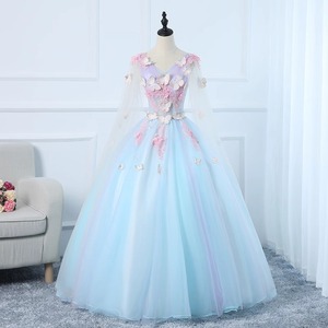 Sky Blue V-Neck Empire Waist Formal Dress With 3D Floral Embellishments For Annual Meeting Performance - Product Image 1