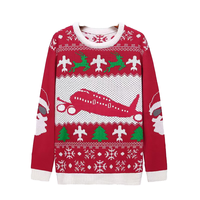Pull de Noël rouge pour homme, tricot jacquard avion, coton, manches longues, col rond, tenue de vacances d'hiver