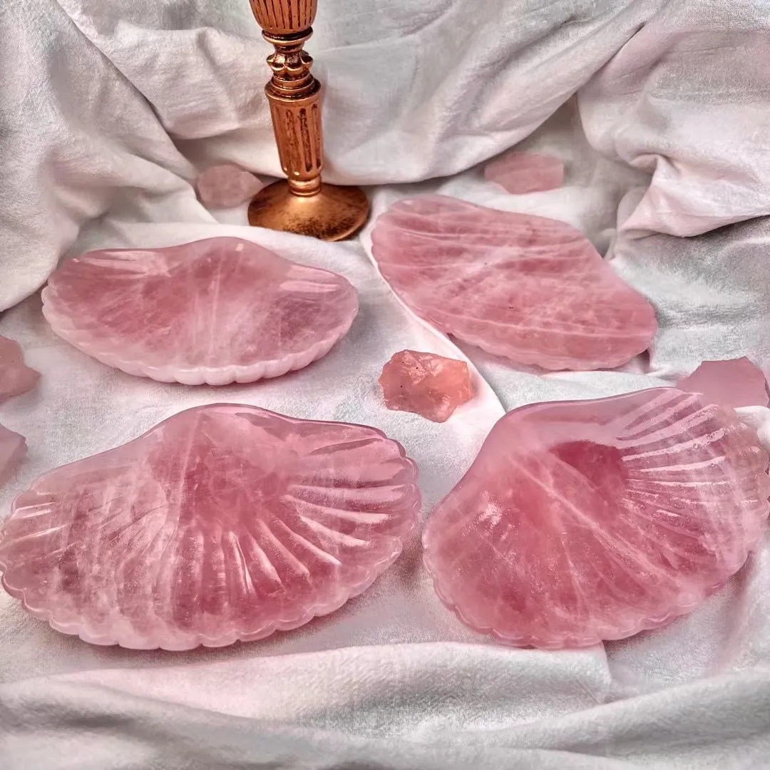 Hand carved crystal bowl gemstone wholesale natural rose carved crystal healing shell bowl furnishing articles for decoration