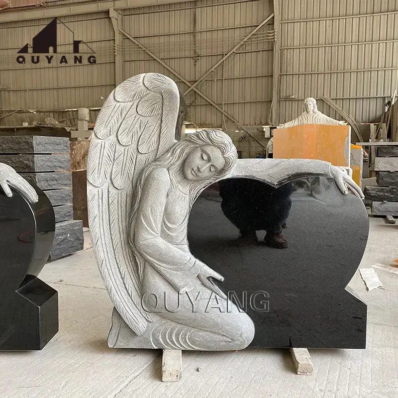 QUYANG Customized Angel Sculpture Monument Hand Carved Black Granite Heart Shape Angel Tombstones