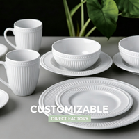 Service de vaisselle en porcelaine blanche cannelée avec bordure perlée en relief, durable, compatible micro-ondes et lave-vaisselle, assiettes et tasses pour la maison et la restauration