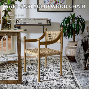 Fauteuil Pablo en bois massif de style ferme française Wabi-sabi, meubles de salle à manger antiques, dossier en bois massif, utilisation hôtelière, tissage artisanal - Product Image 2