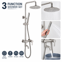 Ensemble de douche 3 fonctions en acier inoxydable 304 brossé, avec pommeau de pluie rond, douchette à main et bec de baignoire orientable apparent, vente en gros