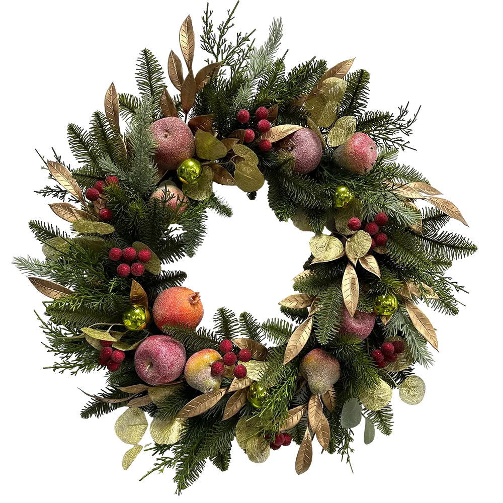 Senmasine 26 pulgadas brillo de Navidad artificial Corona de frutas con bayas rojas hojas de oro Rama de aguja de pino puerta delantera colgante