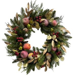 Guirlande <span class=keywords><strong>de</strong></span> Noël artificielle Senmasine <span class=keywords><strong>de</strong></span> 26 pouces avec fruits scintillants, baies rouges, feuilles dorées et aiguilles <span class=keywords><strong>de</strong></span> pin pour accrocher à la <span class=keywords><strong>porte</strong></span> d'entrée - Product Image 1