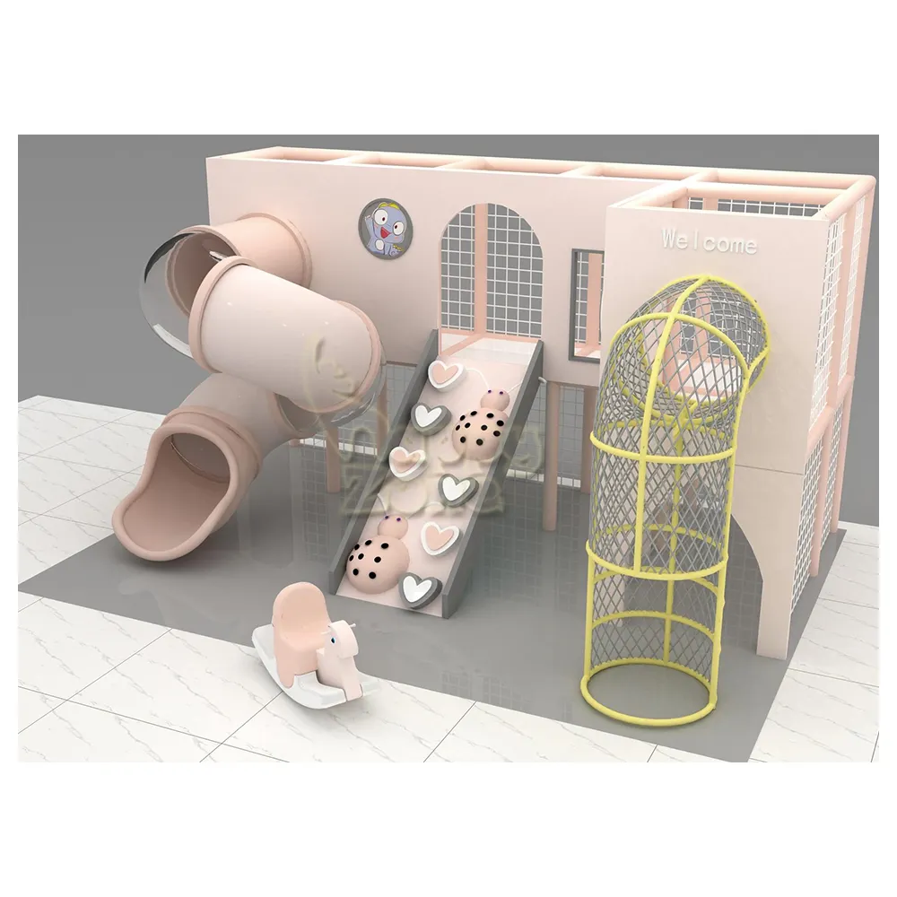 Playground interno pequeno rosa personalizado com escorregador de tubo e escada de escalada suave para crianças, centro de recreação macio