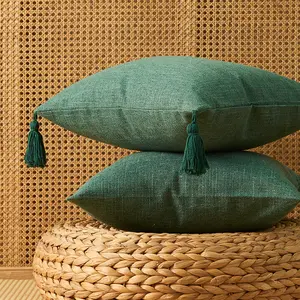 Funda de cojín de lino y algodón de Color liso con 4 borlas, funda de almohada decorativa, venta al por mayor