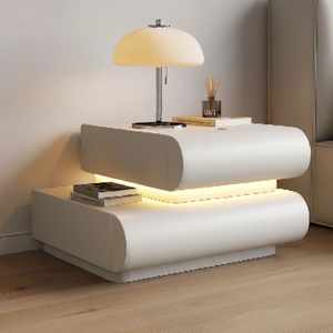 Mesita de noche flotante blanca brillante con dos cajones curvos e iluminación de acento LED cálida integrada, disponible a precios al por mayor - Product Image 1