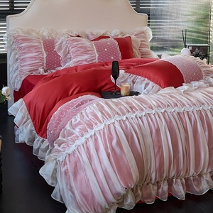 Ensemble <span class=keywords><strong>de</strong></span> literie vintage style princesse française en dentelle à volants, jupe <span class=keywords><strong>de</strong></span> lit en <span class=keywords><strong>coton</strong></span> longues fibres, douce et crémeuse, avec nœud, pour mariage et maison - Product Image 6