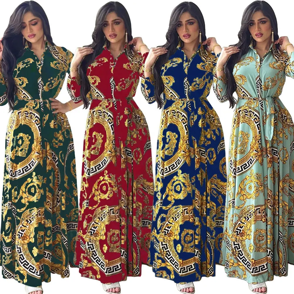 2022 Latest Style Turn Down Collar Retro Floral Print Long Sleeve Pleated Maxi Dresses Women Clothing Casual Maxi Dress Ladies