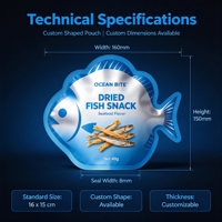 Sachet personnalisé de forme spéciale pour snacks de poisson séché, découpé sur mesure, haute barrière, qualité alimentaire, impression personnalisée, saveur fruits de mer, 40g, sans BPA