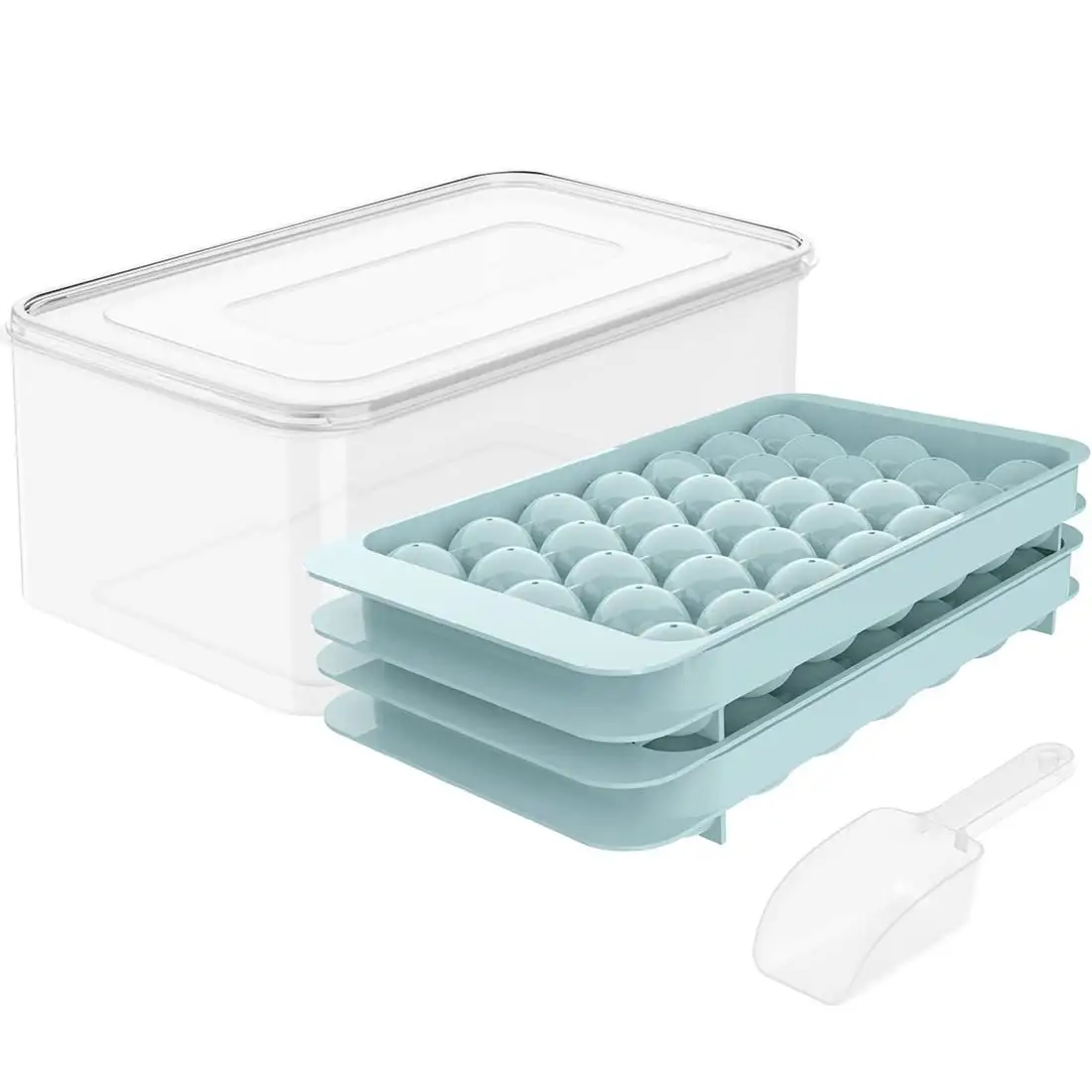 Bandeja de plástico para fazer bolas de gelo, mini forma redonda com tampa e caixa, colher de gelo para uso doméstico