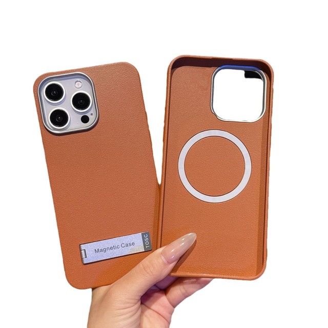 Large Hole Brown Leather Three-in-One Magnetic Straight Edge Silver Horizontal Bracket Phone Case Compatible Iphone16 case