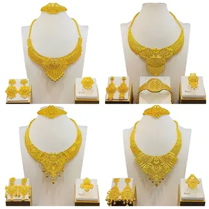 Factories Supply Dubai 24K Gold Plated Arabic Jewelry Set Bridal Wedding Necklace Bracelet Earrings Ring for Women