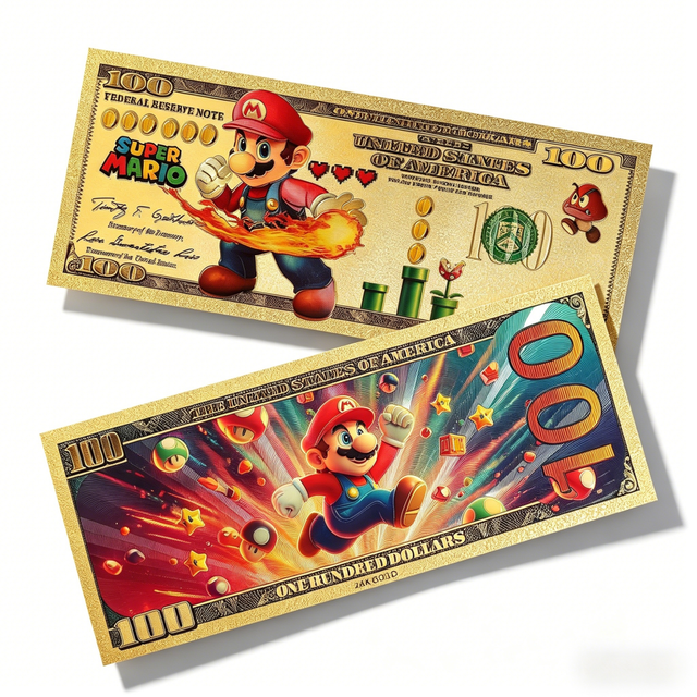 Super Brother Mario Golden Plastic Game Card Cartoon Anime Gold Foil Banknote for Collection
