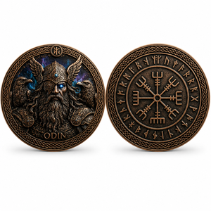 Maßgefertigte 3D-Hochrelief-Gedenkmünze mit Odin, dem nordischen Gott, Antike Bronze Vegvisir Wikinger-Herausforderungsmünze für Sammler und als Geschenk - Product Image 2