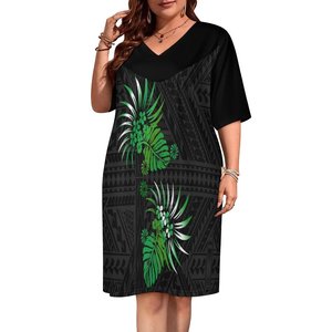 Vestido Hawaiano Elegante de Manga Corta y Largo hasta la Rodilla con Estampado de Hoja de Monstera 2023, Diseño Tribal Isleño Informal, <span class=keywords><strong>Mumu</strong></span> Samoano Personalizado - Product Image 6