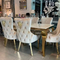Ensemble de Table à Manger Minimaliste Complet en Marbre, Élégante Table à Manger Rectangulaire, Chaises de Table à Manger Dorées Brillantes