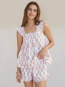 Set <span class=keywords><strong>estivo</strong></span> da <span class=keywords><strong>donna</strong></span> 2 pezzi con volant stampato e pantaloncini Casual Set di <span class=keywords><strong>pigiama</strong></span> in <span class=keywords><strong>cotone</strong></span> - Product Image 2