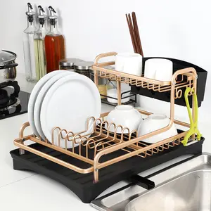 双层铝制碗碟架，带排水托盘，厨房可拆卸铝制防锈架和餐具架