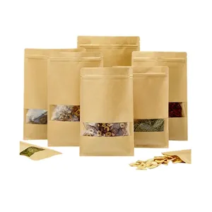 Индивидуальная печать экологически чистая многоразовая сумка с плоским дном, подставка, коричневая крафт-упаковка для пищевых продуктов, бумажный мешок с окном