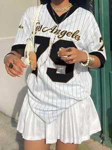 Camiseta de manga corta con cuello en V y estampado de letras de Los Ángeles para mujer, camiseta gráfica de verano, camisetas de béisbol, Camiseta deportiva de gran tamaño - Product Image 6