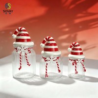 Wadah Kue Kaca Natal Dekoratif, Stoples Bergaris Vertikal, Tutup Keramik Bergaris Merah & Putih dengan Tali Salju