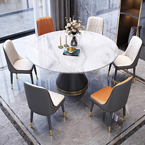 Table de salle à manger ronde de luxe en marbre, plateau rétractable en pierre frittée, base conique en métal, table de banquet moderne pour restaurant - Product Image 5