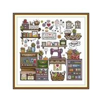 Studio de couture avec machine et outils, motif de point de croix DIY 16/14/11CT pour débutants, toile à broder avec scène de dessin animé mignonne