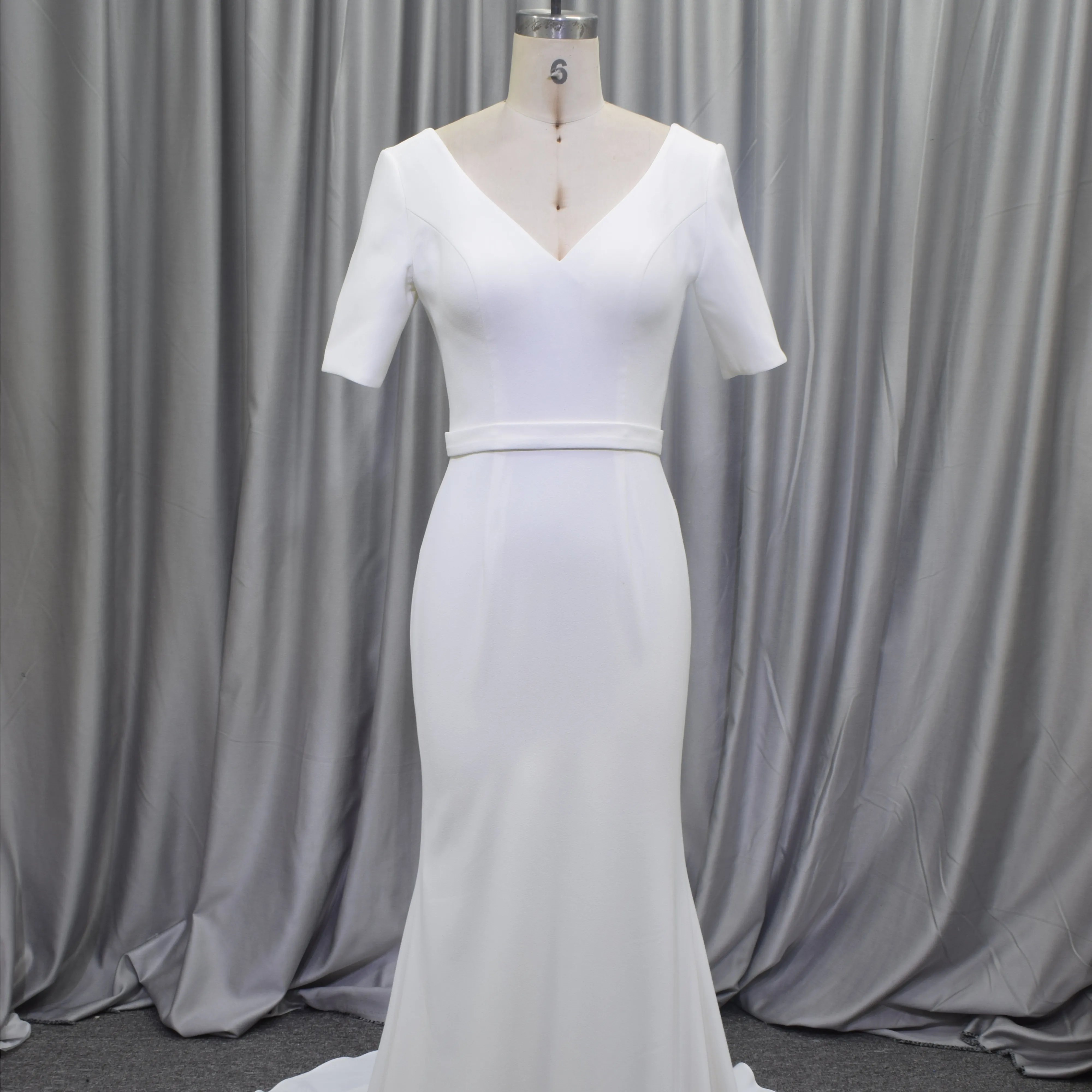 Short sleeves high quality crepe mermaid wedding dress bridal dress with sash for women