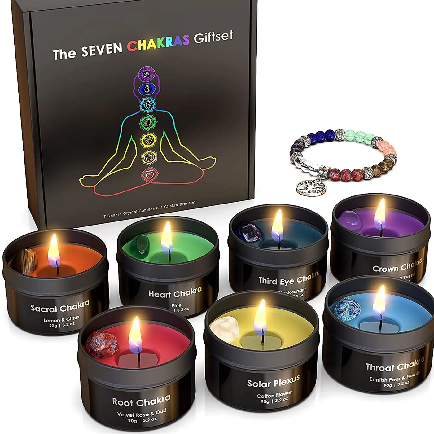 Aromatherapy Soy Candle kerzen Wax Spiritual Healing Meditation 7 Chakra Sage Scented Candles With Crystals Gift Set