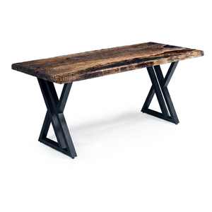 Juego de Mesa de Comedor de Madera con Borde Natural, Estilo Industrial Moderno, con Patas en X de Hierro, Rectangular, Muebles de Comedor de Madera - Product Image 1
