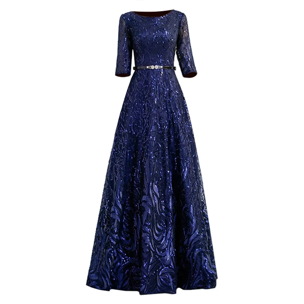 Sequin sexy casual evening women party dresses 3/4 sleeve embroidery lace with shiny sequins for dress