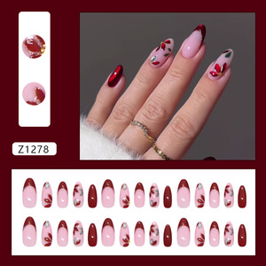 OEM 30 pièces <span class=keywords><strong>Faux</strong></span> ongles à presser œil de chat bordeaux, motif floral French Manucure, haute qualité, emballage personnalisé - Product Image 4