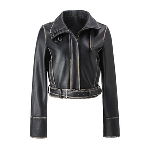 Chaqueta de cuero genuino de oveja desgastada corta para <span class=keywords><strong>mujer</strong></span>, estilo 2026, con solapa y cinturón, de <span class=keywords><strong>moda</strong></span>, para motocicletas - Product Image 3