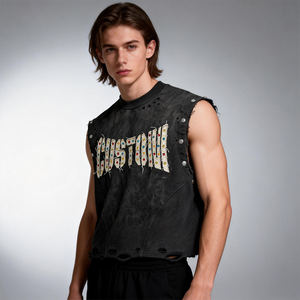 Camiseta sin mangas de verano personalizada 100% algodón, con efecto rasgado, bordado y pedrería, estilo vintage, lavado ácido y remaches - Product Image 3