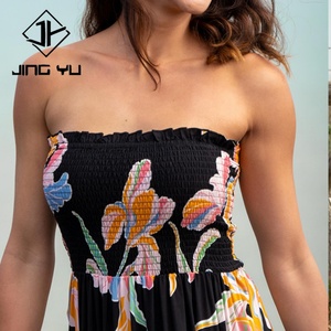 Robe maxi asymétrique plissée sans bretelles à imprimé plage personnalisée OEM, en lin et viscose de haute qualité - Product Image 4