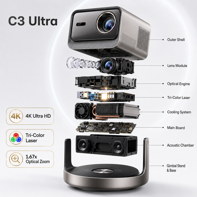 C3 Ultra 4K Triple Laser Projector 3200 Lumens Smart Home Theater Projector with Optical Zoom Dolby Vision JBL Audio