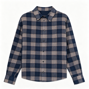 Chemise en flanelle à carreaux bleu marine et beige pour homme, manches longues, boutonnée, décontractée, en coton, avec poches poitrine - Product Image 1