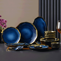 Service de table en céramique nordique bleu rétro, vaisselle de luxe avec bordure dorée, vaisselle émaillée au four, assiette à steak, bol à soupe