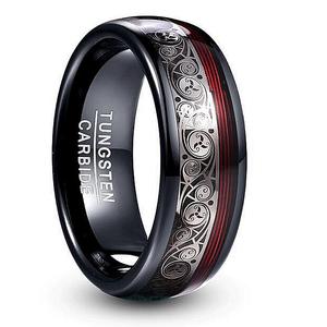 POYA Anneaux en tungstène noir de 8mm bombés avec <span class=keywords><strong>dragon</strong></span> celtique et cordes de guitare rouge pour alliance ou cadeau de fiançailles pour hommes - Product Image 1