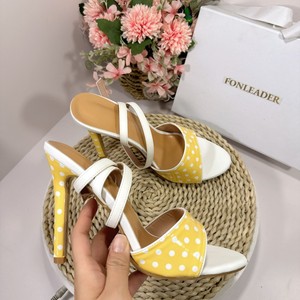 Sandales à pois jaunes et blancs pour femmes, chaussures sexy à talons, élégantes, à bout ouvert, talons aiguilles pour femmes - Product Image 2