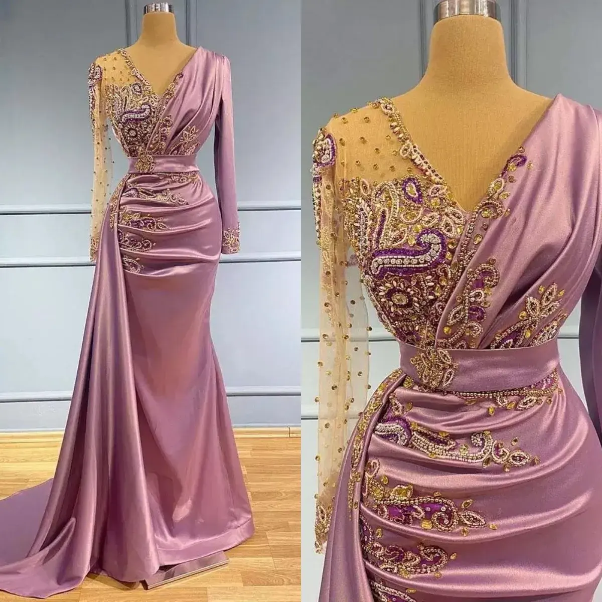 Gaun Prom putri duyung ungu muda gaun malam Formal lengan panjang manik-manik leher V gaun resepsi pesta MP674