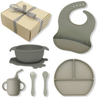 Vente en gros usine : Ensemble d'alimentation pour bébés en silicone, comprenant tasses, cuillères, bavoirs, assiettes à compartiments, bols à ventouse et autres articles de vaisselle