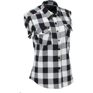 2025 cuir MNG21625 femmes sans manches flanelle vers le bas chemise bouton fermeture noir/blanc coupé volant bras trou extérieur hauts - Product Image 2