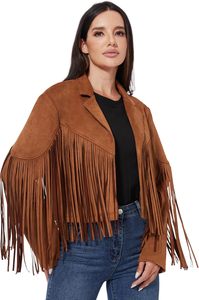 Blazer Corto da Donna in Finta Pelle Scamosciata Vegana S-XXL con Frange, Giacca Invernale in Maglia Effetto Pelle, Modello Tinta Unita, Stile Motociclista - Product Image 3