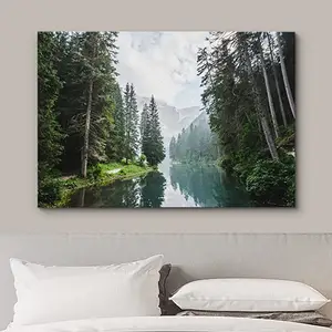 Canvas Print Wall Art Fall Green Forest with Lake Reflection Nature Wilderness Photography Modern Art