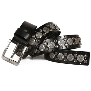 Men's full grain leather belt western cowboy concho rivets studded belt